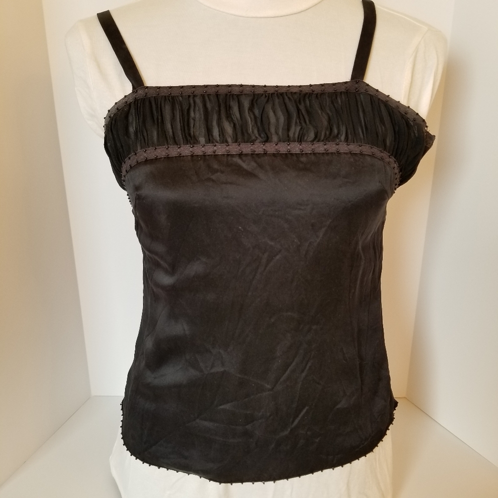 401BLK mac & jac 100% Black Silk Top sheer ruched panel above bust with beads